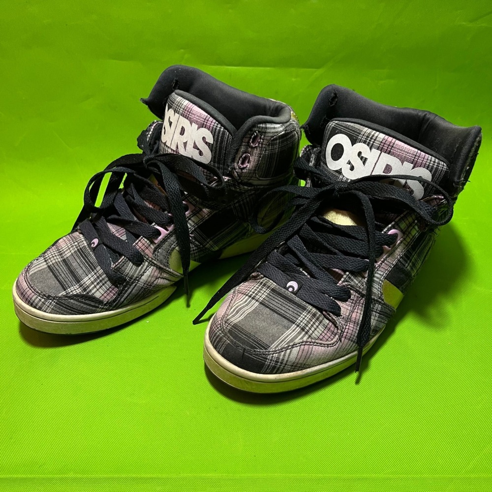 Size 9 Osiris Womens Pink Black Plaid High Top Skate Shoes Sneakers